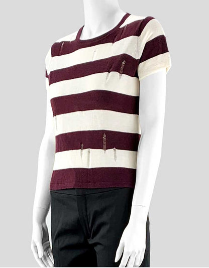Enza Costa Burgundy Striped Sweater Short Sleeve X-Small