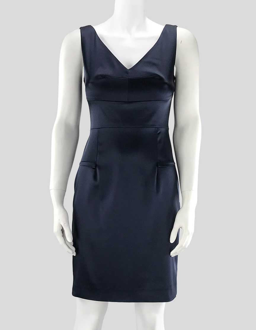 Calvin Klein Navy Blue Satin Sheath V-Neck And V Back Cocktail Dress Size 4 Petite