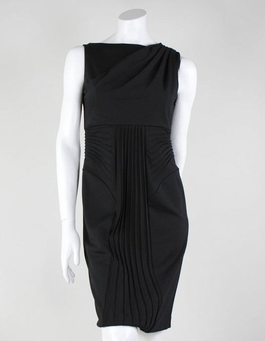 Catherine Malandrino Black Portrait Neck Sleeveless With Front Pleating To The Knee Dress Medium