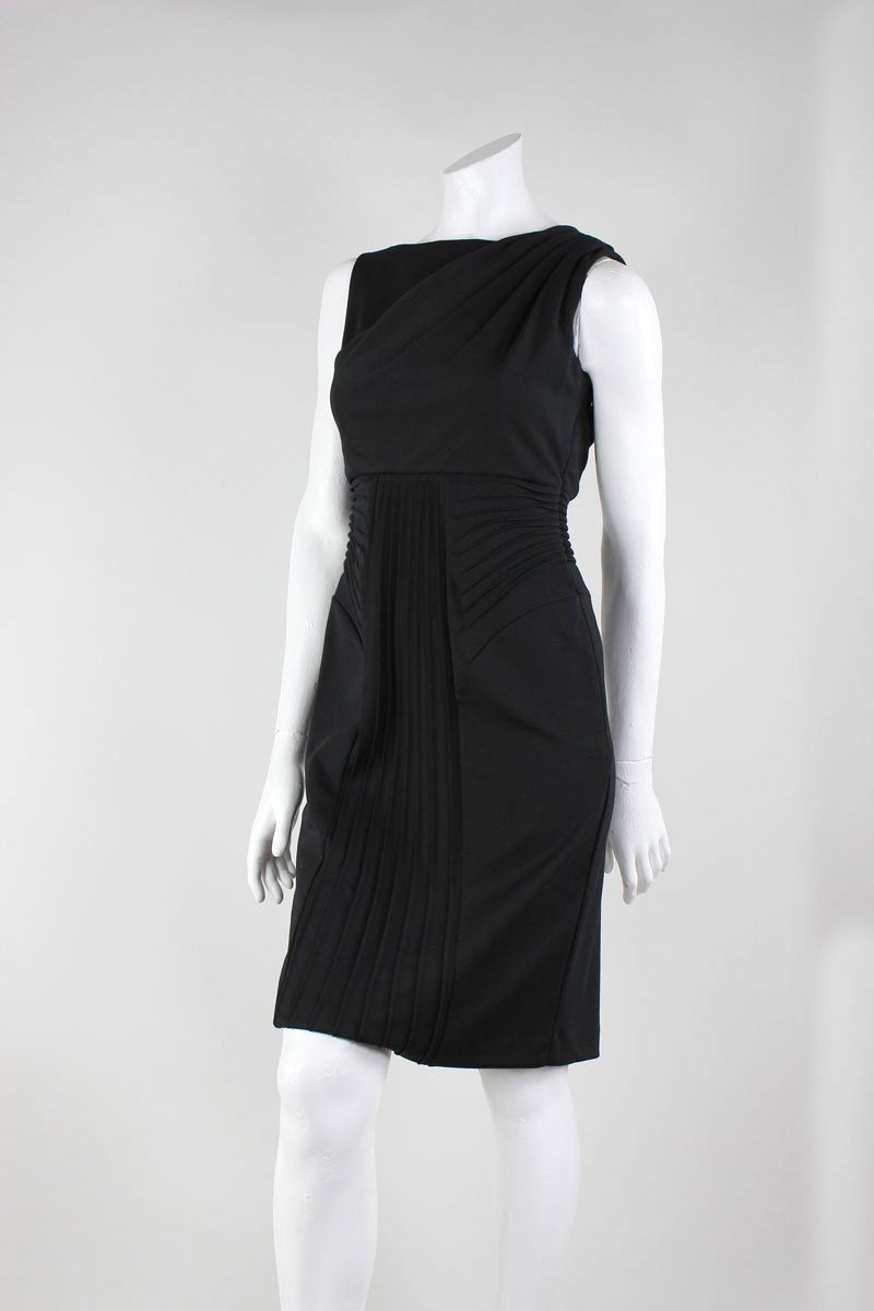 Catherine Malandrino Black Portrait Neck Sleeveless With Front Pleating To The Knee Dress Medium