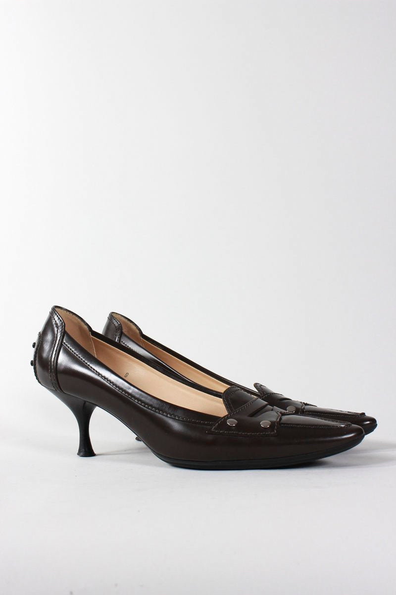 TOD's Brown Closed Toe Penny Loafer Design Pumps With Wooden Heel Size 9