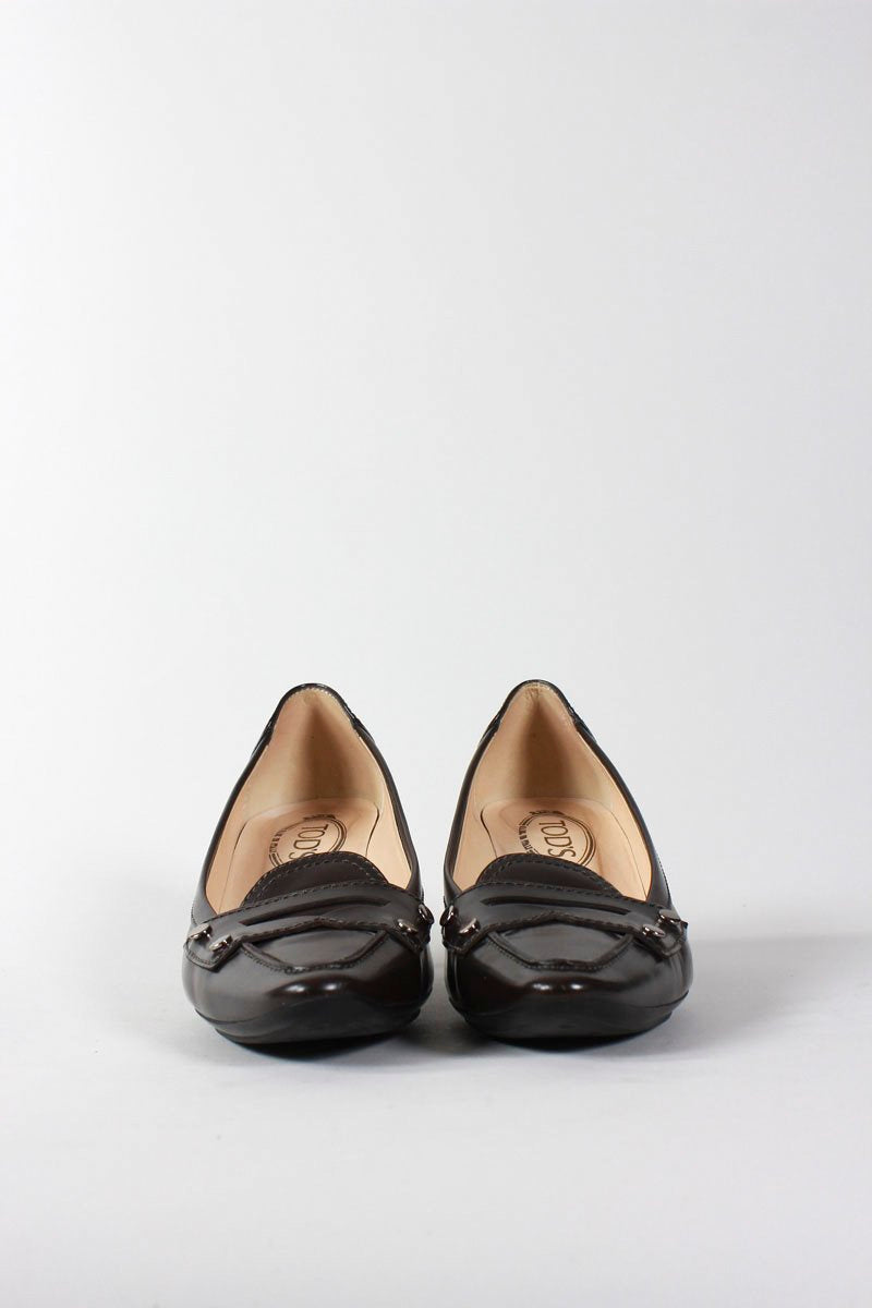 TOD's Brown Closed Toe Penny Loafer Design Pumps With Wooden Heel Size 9