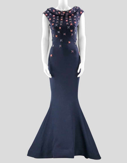 Zac Posen Navy Floor Length Evening Gown With Crystal Floret Embroidery - 6 US