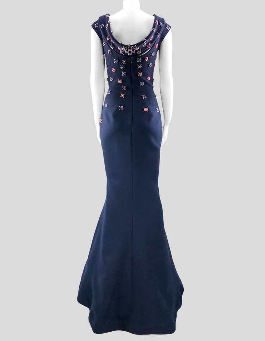 Zac Posen Navy Floor Length Evening Gown With Crystal Floret Embroidery - 6 US