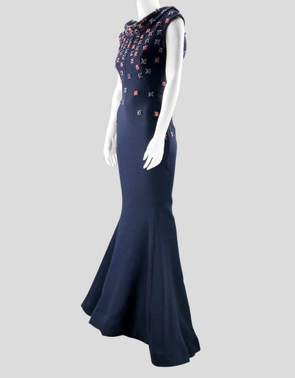 Zac Posen Navy Floor Length Evening Gown With Crystal Floret Embroidery - 6 US