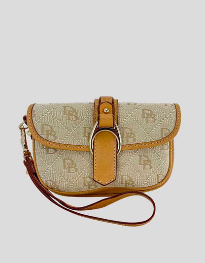 Dooney And Bourke Logo Mini Wristlet Purse In Cream Canvas And Tan Leather Snap Closure With Exterior Buckle Design