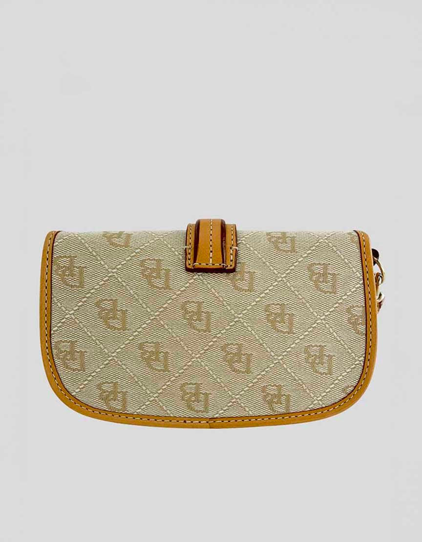 Dooney And Bourke Logo Mini Wristlet Purse In Cream Canvas And Tan Leather Snap Closure With Exterior Buckle Design