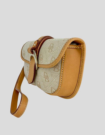 Dooney And Bourke Logo Mini Wristlet Purse In Cream Canvas And Tan Leather Snap Closure With Exterior Buckle Design