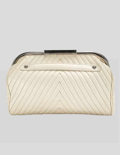 Marc Jacobs Ivory Chevron Frame Cutch Bag Quilted Leather And Silver Tone Hardware Single Flat Leather Handle At Back Suede Lining