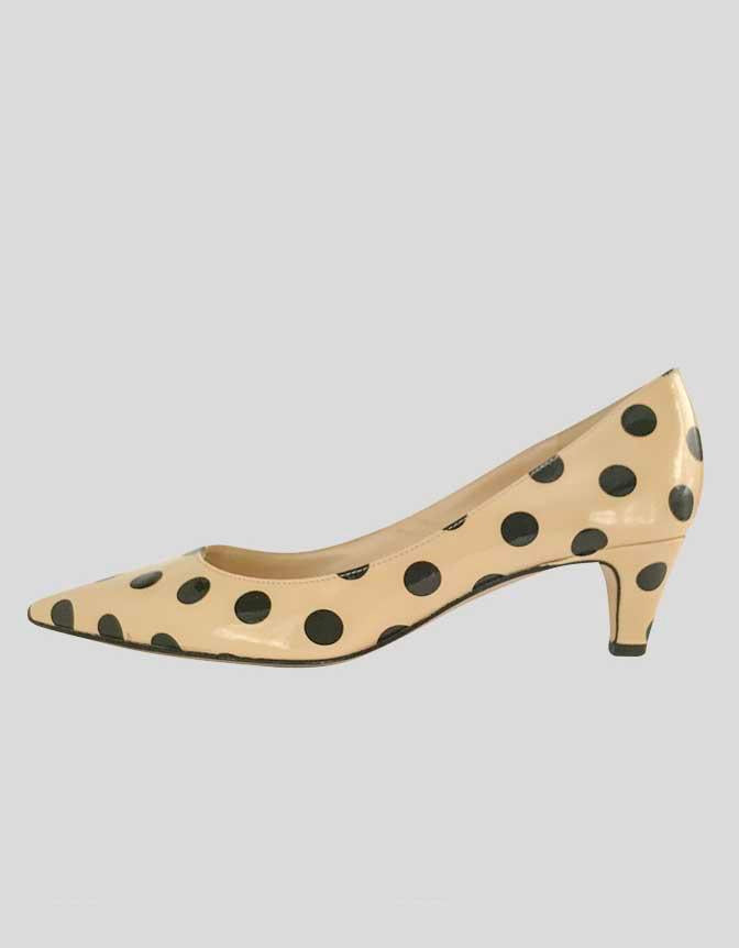 Kate Spade New York Women's Cream And Black Polka Dot Patent Leather Pointed Toe Kitten Heel Pumps With 2 Covered Heels Size 7B US