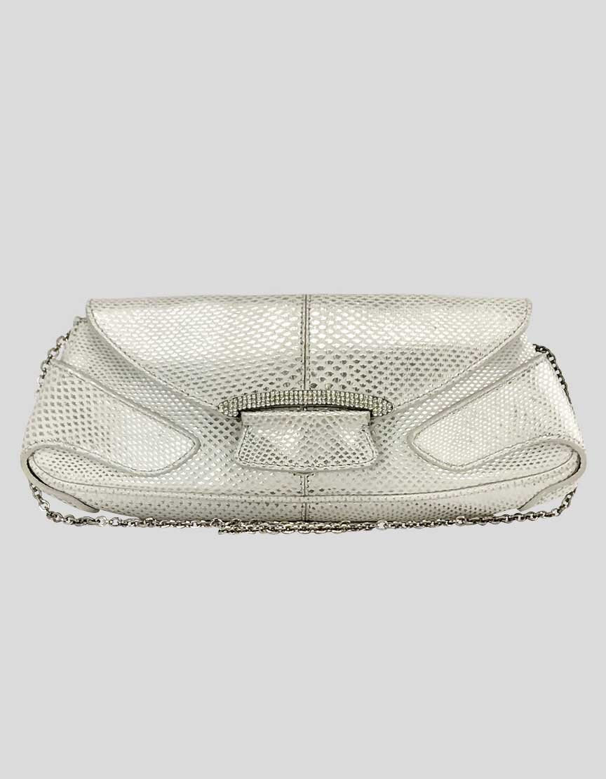 TOD's Women's Ivory Silver Sparkle Evening Clutch Bejeweled Accent On Front Flap With Magnetic Closure Metal Link Chain Shoulder Strap