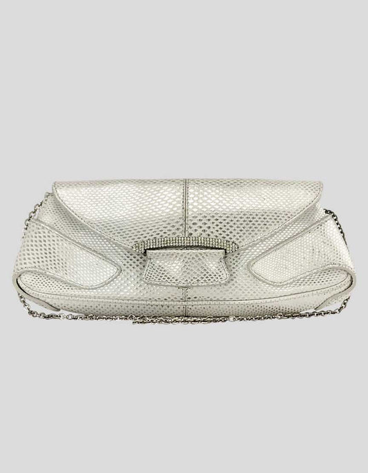 TOD's Women's Ivory Silver Sparkle Evening Clutch Bejeweled Accent On Front Flap With Magnetic Closure Metal Link Chain Shoulder Strap