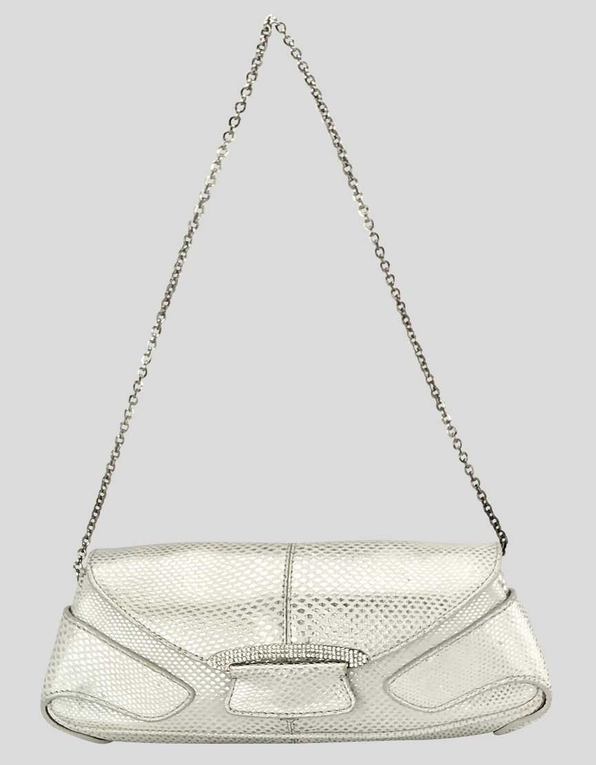 TOD's Women's Ivory Silver Sparkle Evening Clutch Bejeweled Accent On Front Flap With Magnetic Closure Metal Link Chain Shoulder Strap
