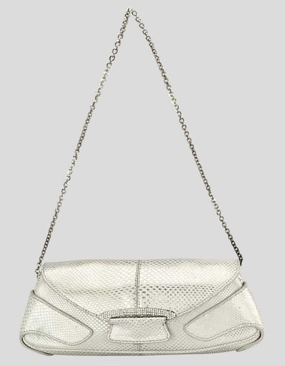 TOD's Women's Ivory Silver Sparkle Evening Clutch Bejeweled Accent On Front Flap With Magnetic Closure Metal Link Chain Shoulder Strap