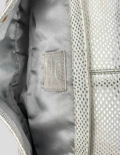 TOD's Women's Ivory Silver Sparkle Evening Clutch Bejeweled Accent On Front Flap With Magnetic Closure Metal Link Chain Shoulder Strap