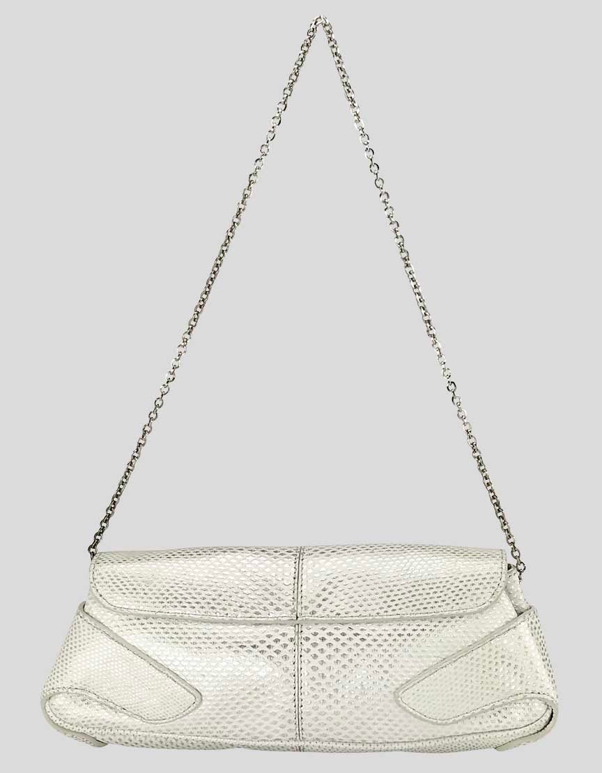 TOD's Women's Ivory Silver Sparkle Evening Clutch Bejeweled Accent On Front Flap With Magnetic Closure Metal Link Chain Shoulder Strap
