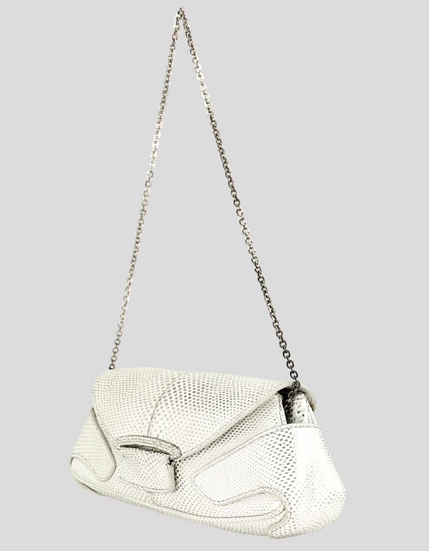 TOD's Women's Ivory Silver Sparkle Evening Clutch Bejeweled Accent On Front Flap With Magnetic Closure Metal Link Chain Shoulder Strap