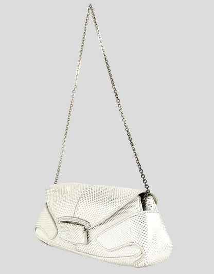 TOD's Women's Ivory Silver Sparkle Evening Clutch Bejeweled Accent On Front Flap With Magnetic Closure Metal Link Chain Shoulder Strap