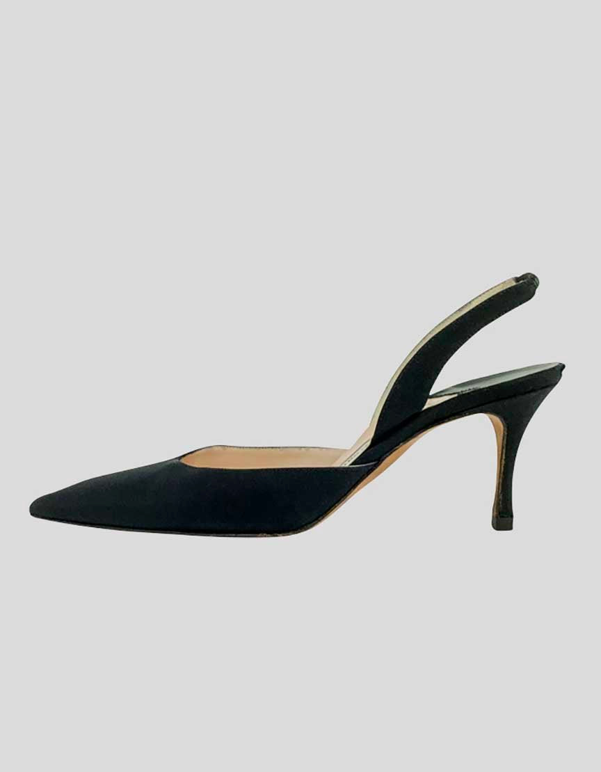 Manolo Blahnik Women's Carolyne Satin Low Heel Slingback Pumps With Stretch Insets Tonal Stitching And Covered Heels 36.5 It