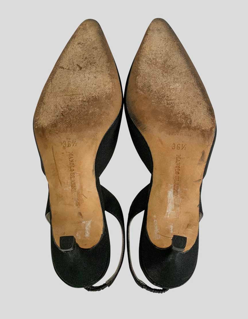 Manolo Blahnik Women's Carolyne Satin Low Heel Slingback Pumps With Stretch Insets Tonal Stitching And Covered Heels 36.5 It
