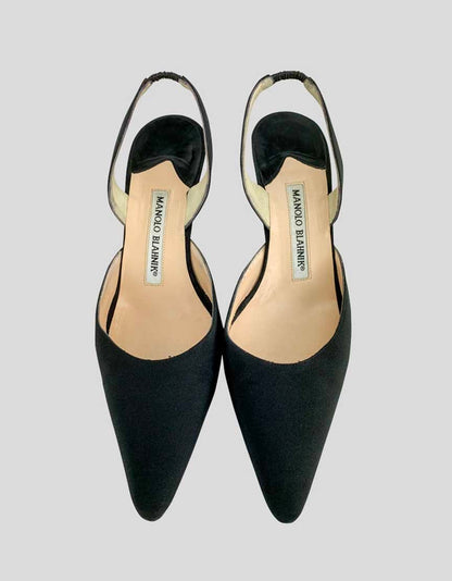 Manolo Blahnik Women's Carolyne Satin Low Heel Slingback Pumps With Stretch Insets Tonal Stitching And Covered Heels 36.5 It