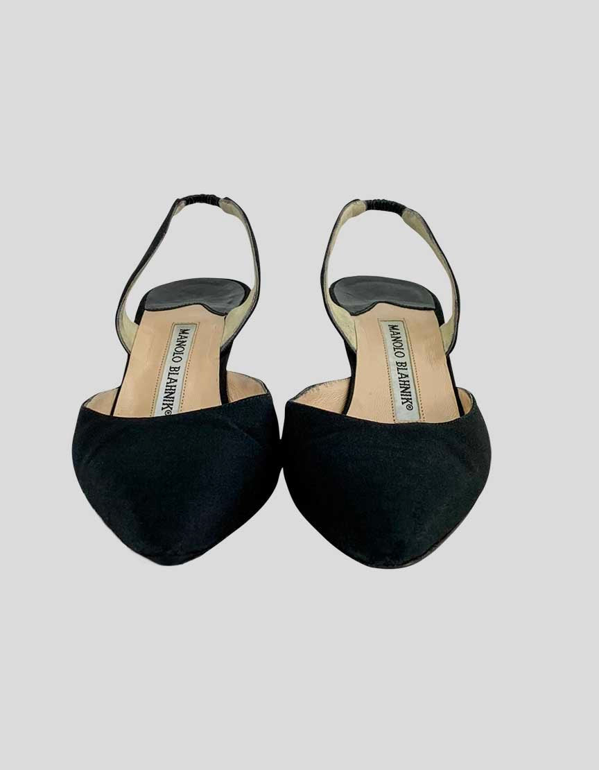 Manolo Blahnik Women's Carolyne Satin Low Heel Slingback Pumps With Stretch Insets Tonal Stitching And Covered Heels 36.5 It
