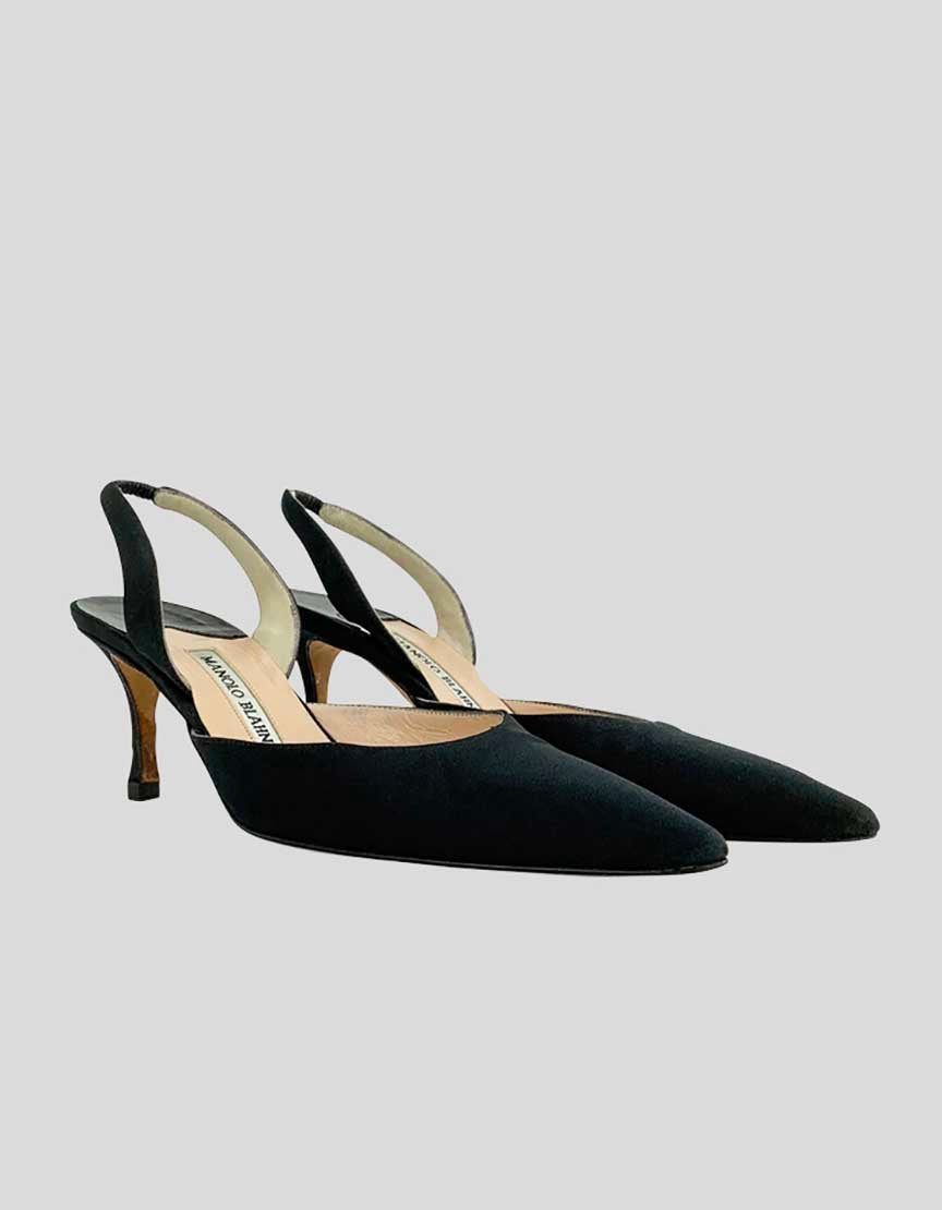 Manolo Blahnik Women's Carolyne Satin Low Heel Slingback Pumps With Stretch Insets Tonal Stitching And Covered Heels 36.5 It