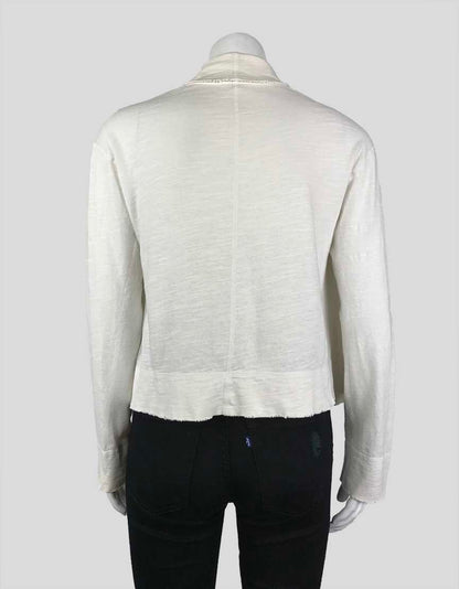 James Perse White Long Sleeved Cotton Cardigan With Open Front And Frayed Edges Size 1