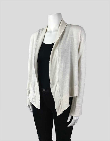 James Perse White Long Sleeved Cotton Cardigan With Open Front And Frayed Edges Size 1