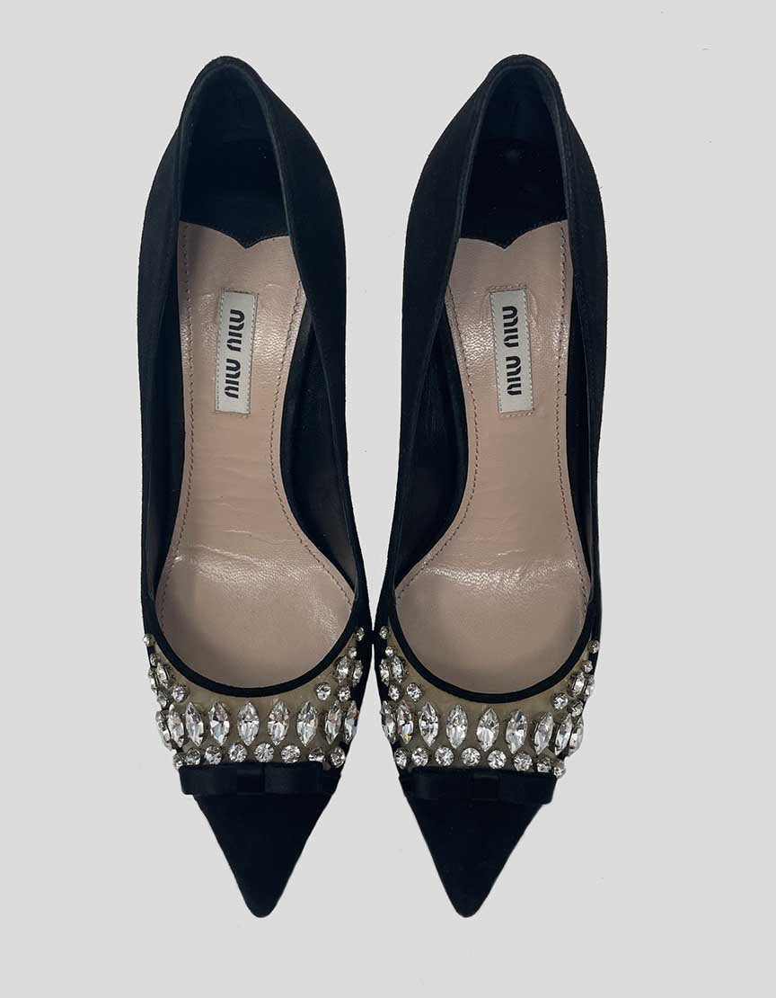 Miu Miu Satin Jeweled Evening Pumps With Pointed Toe Size 38.5 It 8.5 US