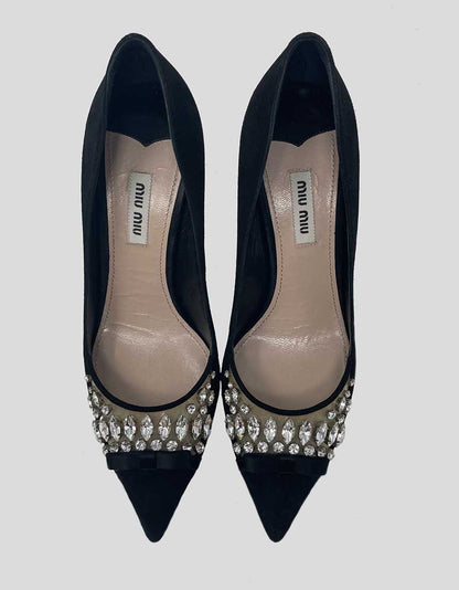 Miu Miu Satin Jeweled Evening Pumps With Pointed Toe Size 38.5 It 8.5 US