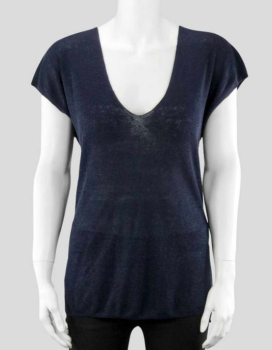 Theory Navy Blue Women's Scoop Neck High Low Short Sleeve Knit Top Loose Fitting Oversized Knit Size Small Petite