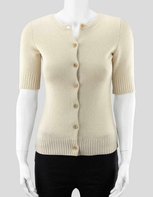 Ralph Lauren Blue Label Women's Short Sleeve Button Front Cream Cashmere And Wool Sweater Size Small