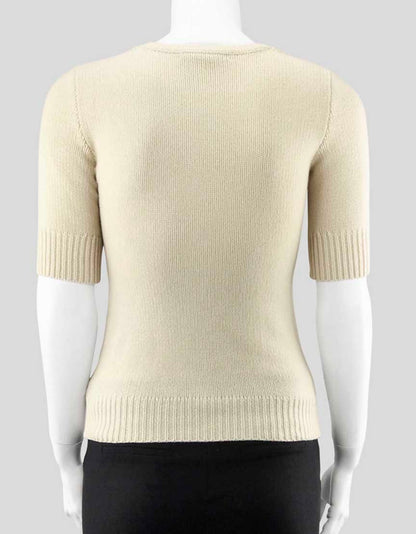 Ralph Lauren Blue Label Women's Short Sleeve Button Front Cream Cashmere And Wool Sweater Size Small