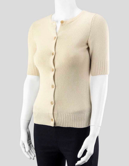 Ralph Lauren Blue Label Women's Short Sleeve Button Front Cream Cashmere And Wool Sweater Size Small
