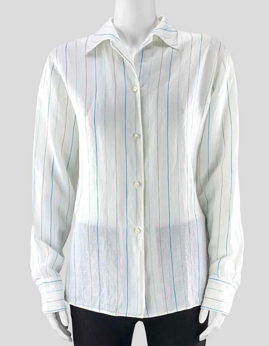 Loro Piana Women's White Linen Pin Stripe Button Down Shirt With Spread Collar And Long Sleeves Size 44 It Medium