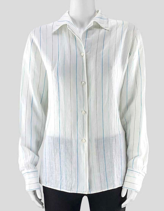 Loro Piana Women's White Linen Pin Stripe Button Down Shirt With Spread Collar And Long Sleeves Size 44 It Medium