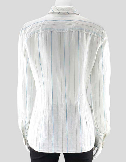 Loro Piana Women's White Linen Pin Stripe Button Down Shirt With Spread Collar And Long Sleeves Size 44 It Medium