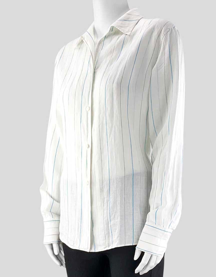 Loro Piana Women's White Linen Pin Stripe Button Down Shirt With Spread Collar And Long Sleeves Size 44 It Medium