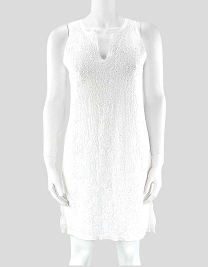 Juliet Dunn Women's White Embroidered Cotton Knit Tunic Dress With White Embroidery And Sequins Size Small