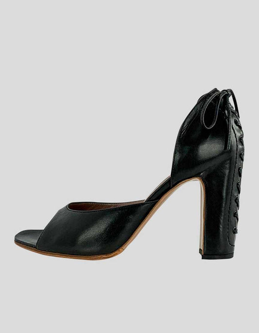 Alaia Women's Black Leather Open Toe Heels With Lace Up Tie Accent At Counters And Heels Size 38 It