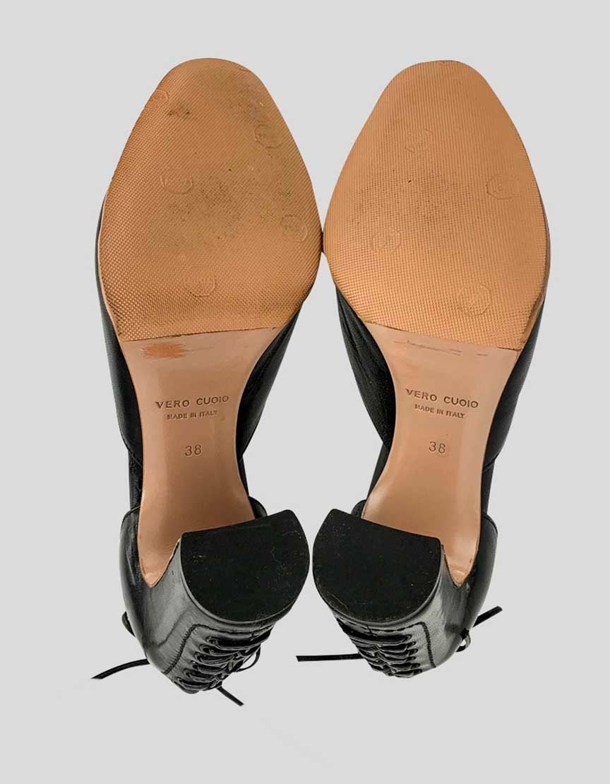 Alaia Women's Black Leather Open Toe Heels With Lace Up Tie Accent At Counters And Heels Size 38 It