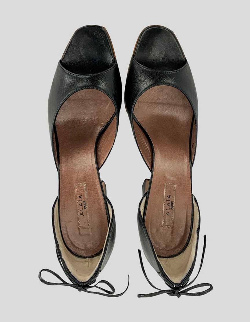 Alaia Women's Black Leather Open Toe Heels With Lace Up Tie Accent At Counters And Heels Size 38 It