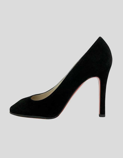 Christian Louboutin Women's Black Suede Side Peep Toe Pump With Tonal Stitching And Covered Heels 39 It