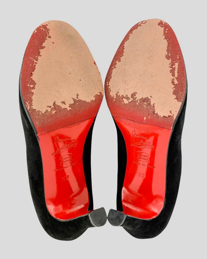 Christian Louboutin Women's Black Suede Side Peep Toe Pump With Tonal Stitching And Covered Heels 39 It