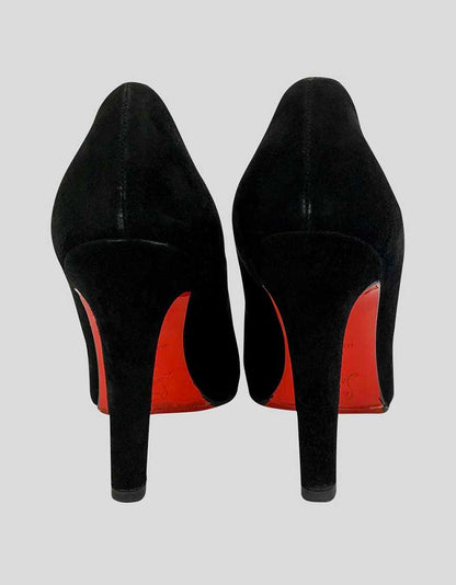Christian Louboutin Women's Black Suede Side Peep Toe Pump With Tonal Stitching And Covered Heels 39 It