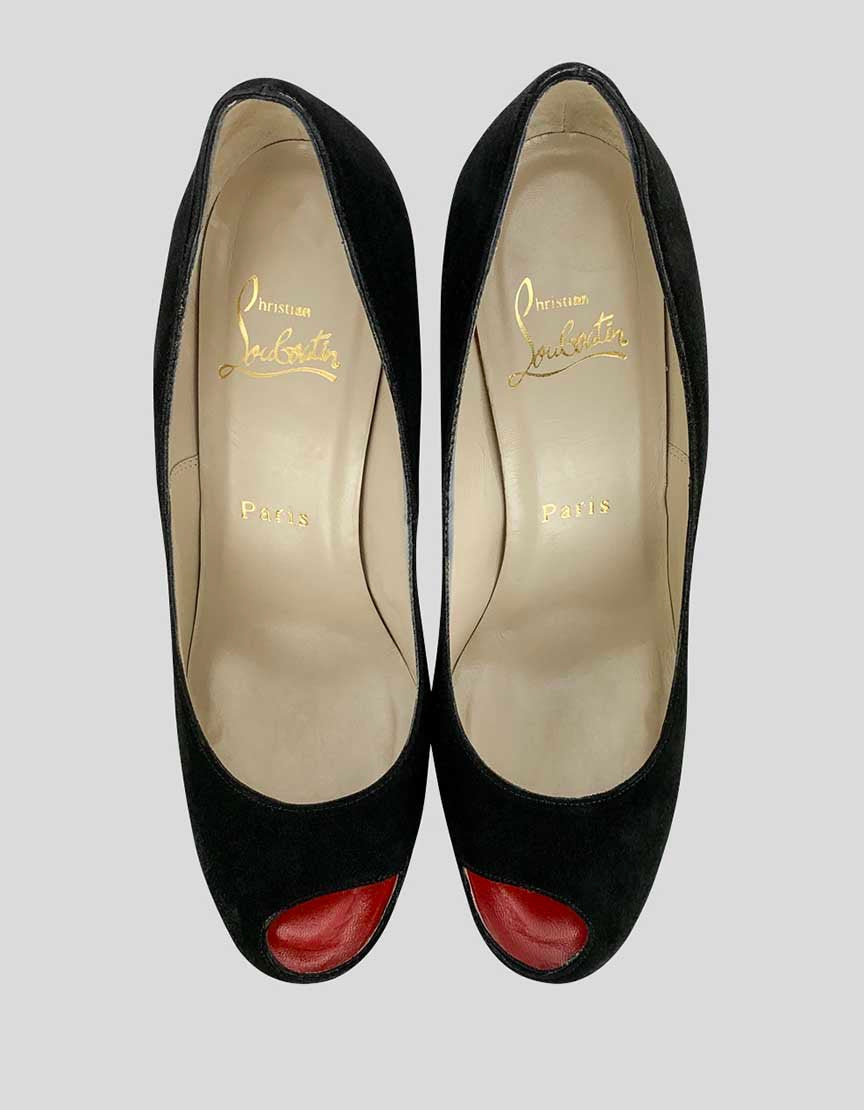 Christian Louboutin Women's Black Suede Side Peep Toe Pump With Tonal Stitching And Covered Heels 39 It