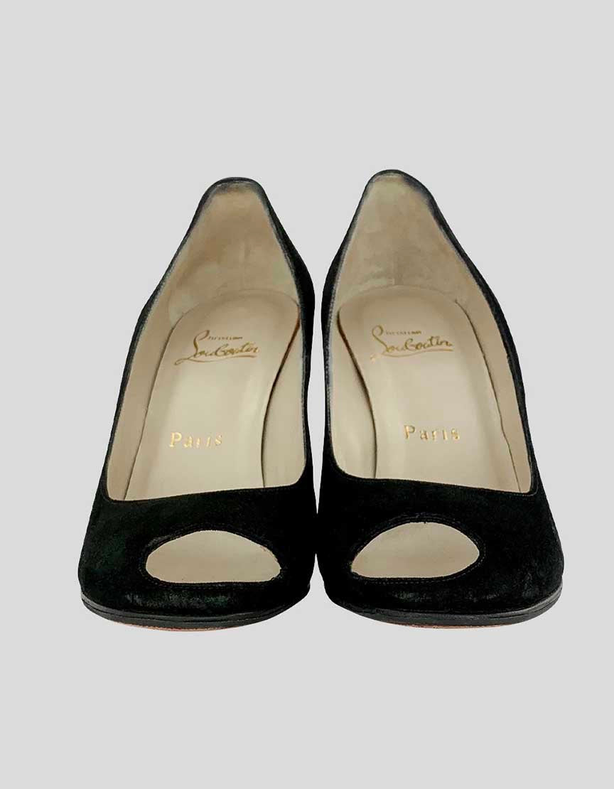 Christian Louboutin Women's Black Suede Side Peep Toe Pump With Tonal Stitching And Covered Heels 39 It