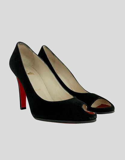 Christian Louboutin Women's Black Suede Side Peep Toe Pump With Tonal Stitching And Covered Heels 39 It