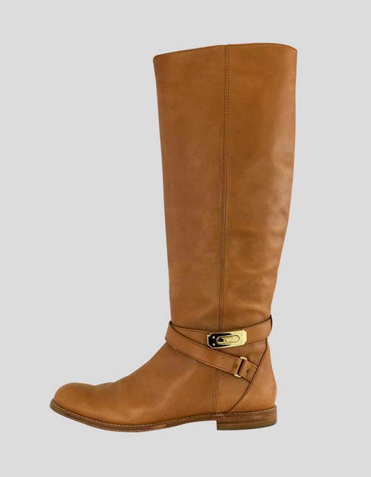 Coach Tan Leather To The Knee Pull On Boots With Strap Accent With Gold Tone Hardware At Ankle Size 8B